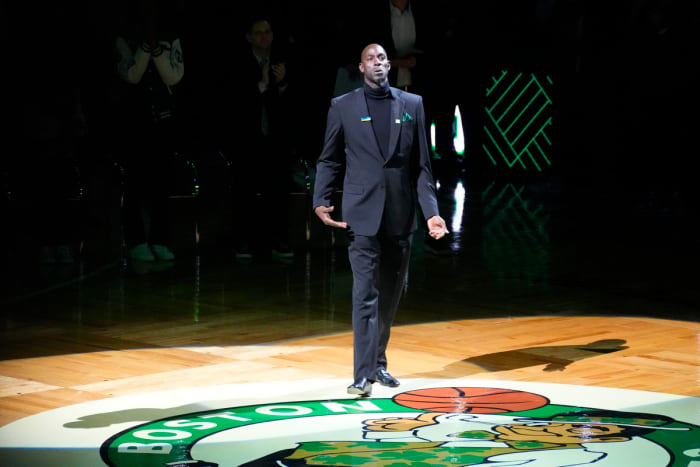 Basketball Hall of Fame and former Boston Celtic Kevin Garnett shows emotion as he is introduced during his number retirement ceremony after game between the Boston Celtics and the Dallas Mavericks at TD Garden.